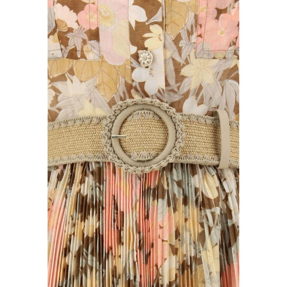 Zimmermann Pop Pleated Belted Midi Shirt Dress SS24 - Gold/Peach Floral $950 - Picture 5 of 9